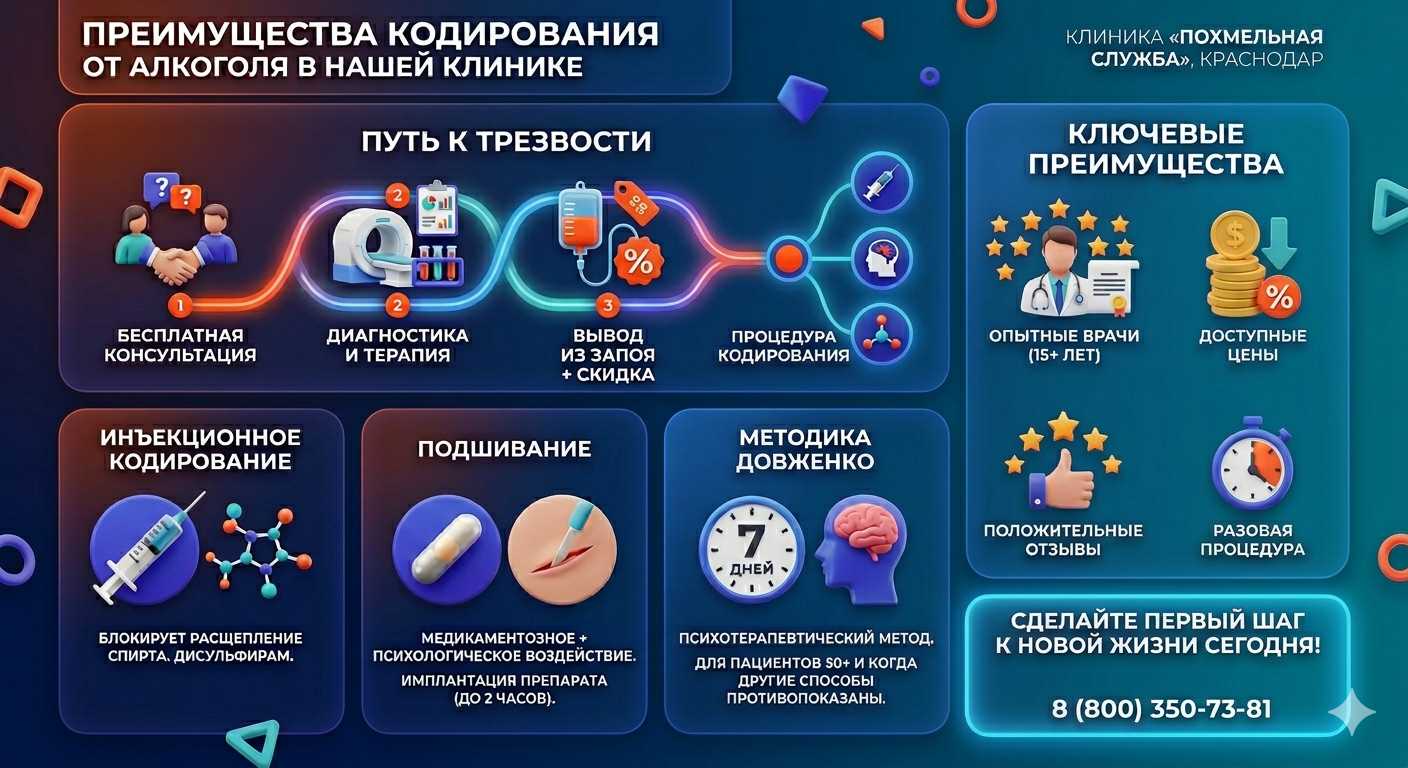 Инфографика о методах кодирования от алкоголя в Цимлянске: инъекции, подшивание, метод Довженко. Преимущества клиники и этапы лечения.