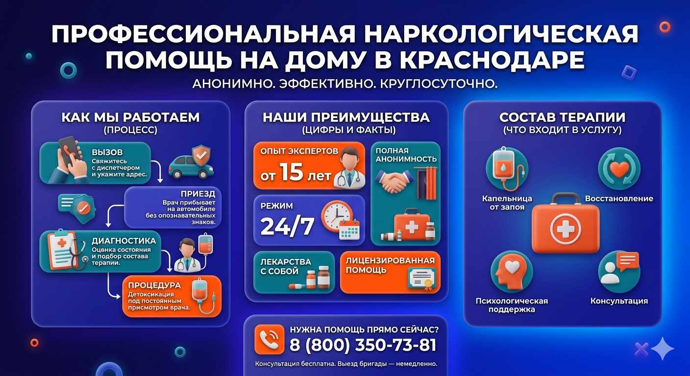Инфографика о принципах лечения алкоголизма на дому в Цимлянске: этапы вызова нарколога, преимущества анонимной детоксикации и состав медицинской помощи.
